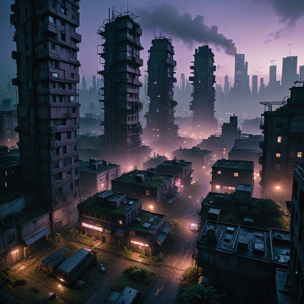 Overgrown Cyberpunk Metropolis at Twilight