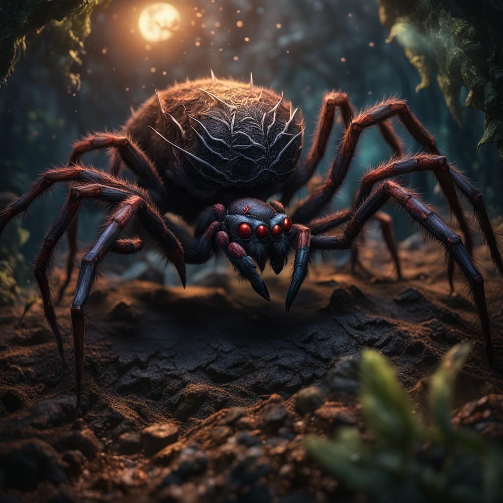 Demonic Spider in Hellish Garden: Detailed Fantasy Art