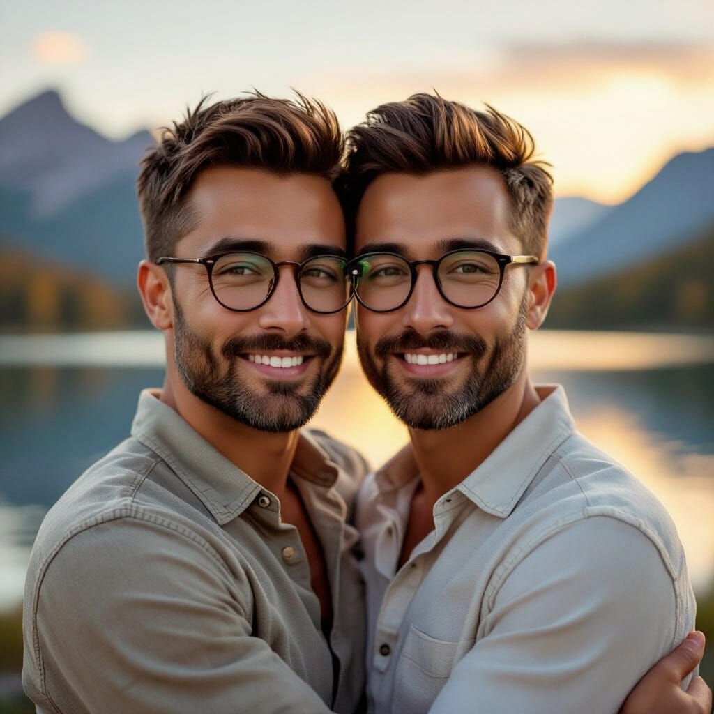 Loving Male Couple in Romantic Realism Style