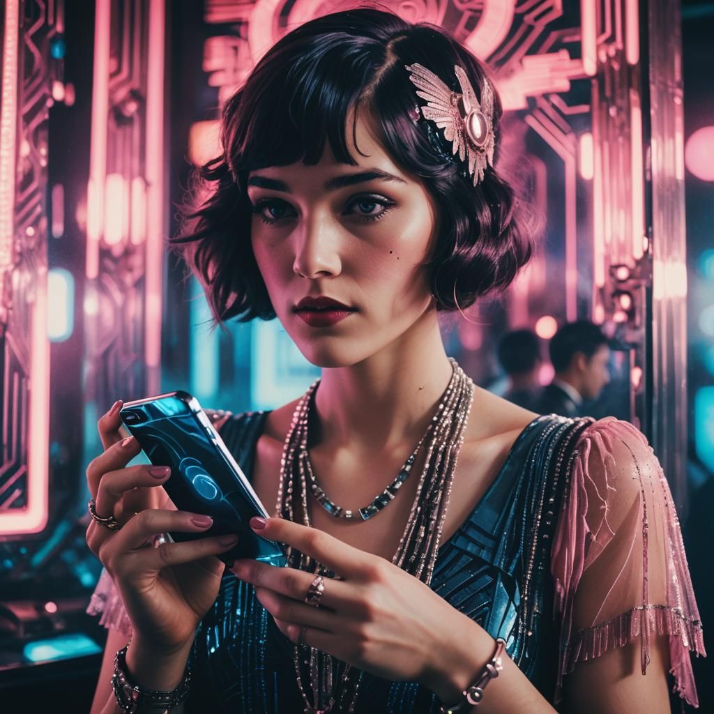 Flapper Girl Holding iPhone in Cyberpunk Art Deco Setting