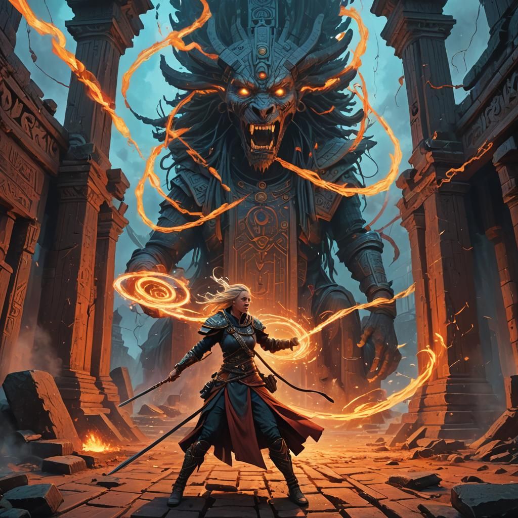 Epic Battle: Warrior and Magician in Mystical Temple