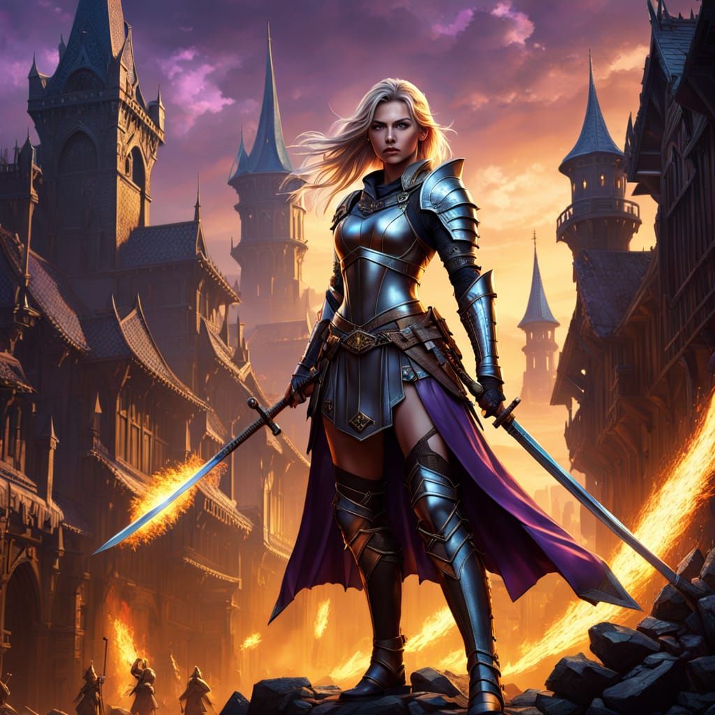 Warrior Maiden in Dark Fantasy Medieval City