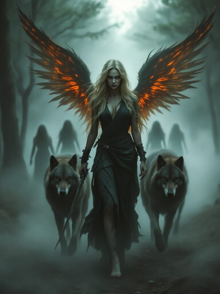 Fae Warrior with Flame Wings and Wolves in Eerie Forest