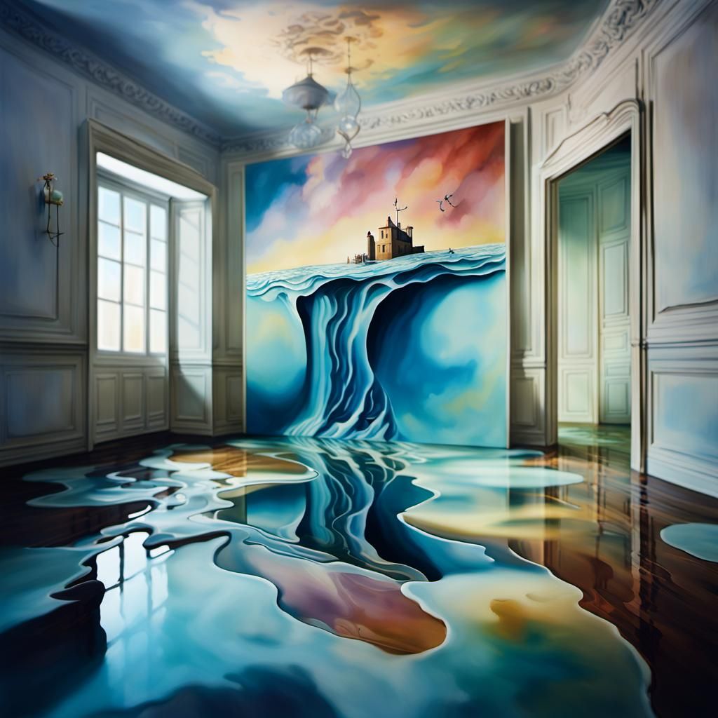 Surreal Stream Spills from Painting in Dreamlike Room