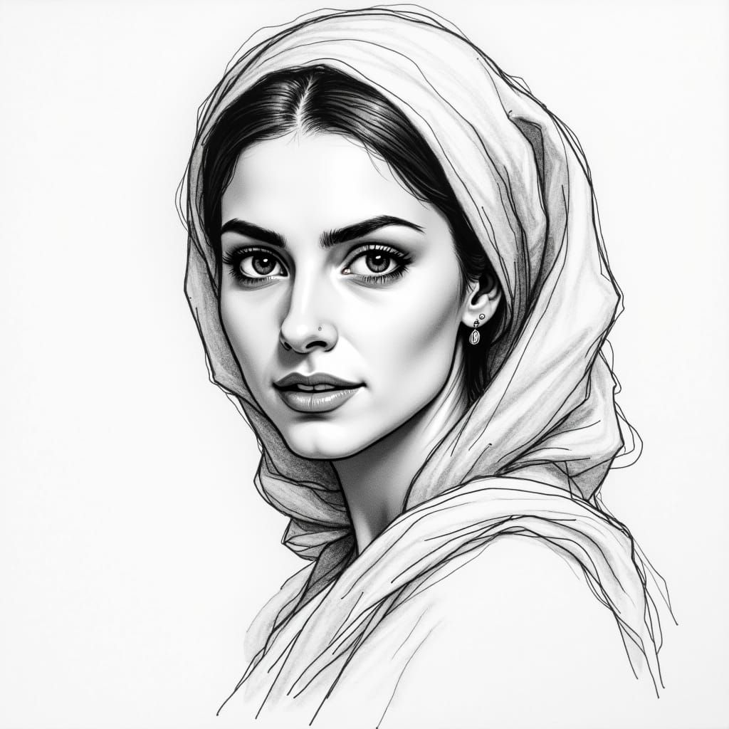Middle Eastern Woman in Charcoal Pencil Drawing