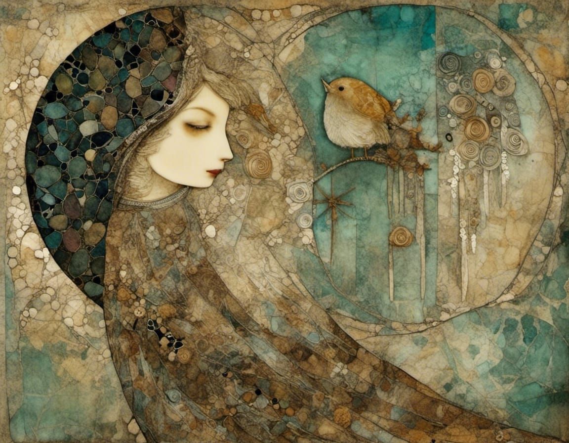 Dreamy Bird Landscape in Digital Textile Art Style