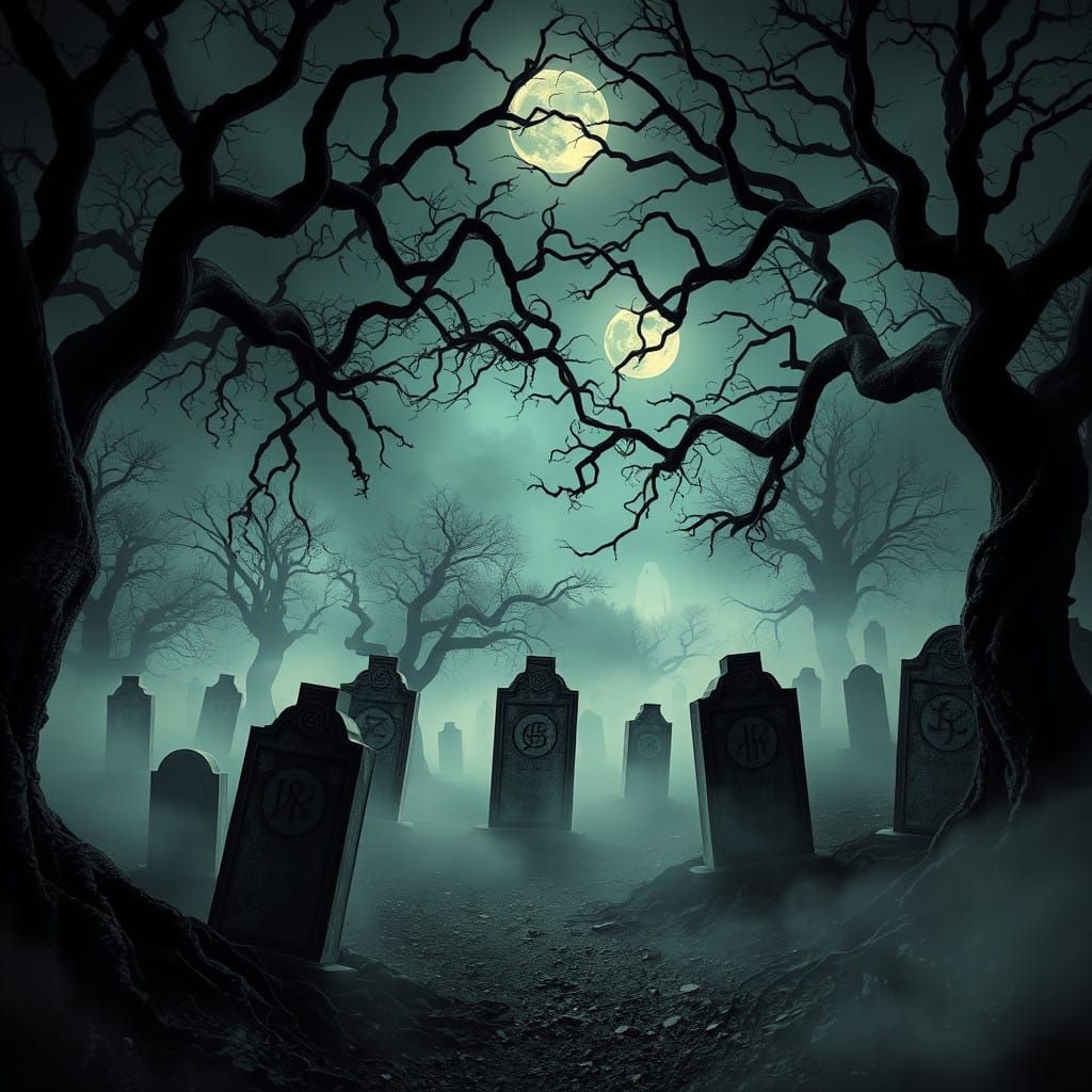 Ethereal Twilight Landscape of Twisted Trees and Ancient Tom...