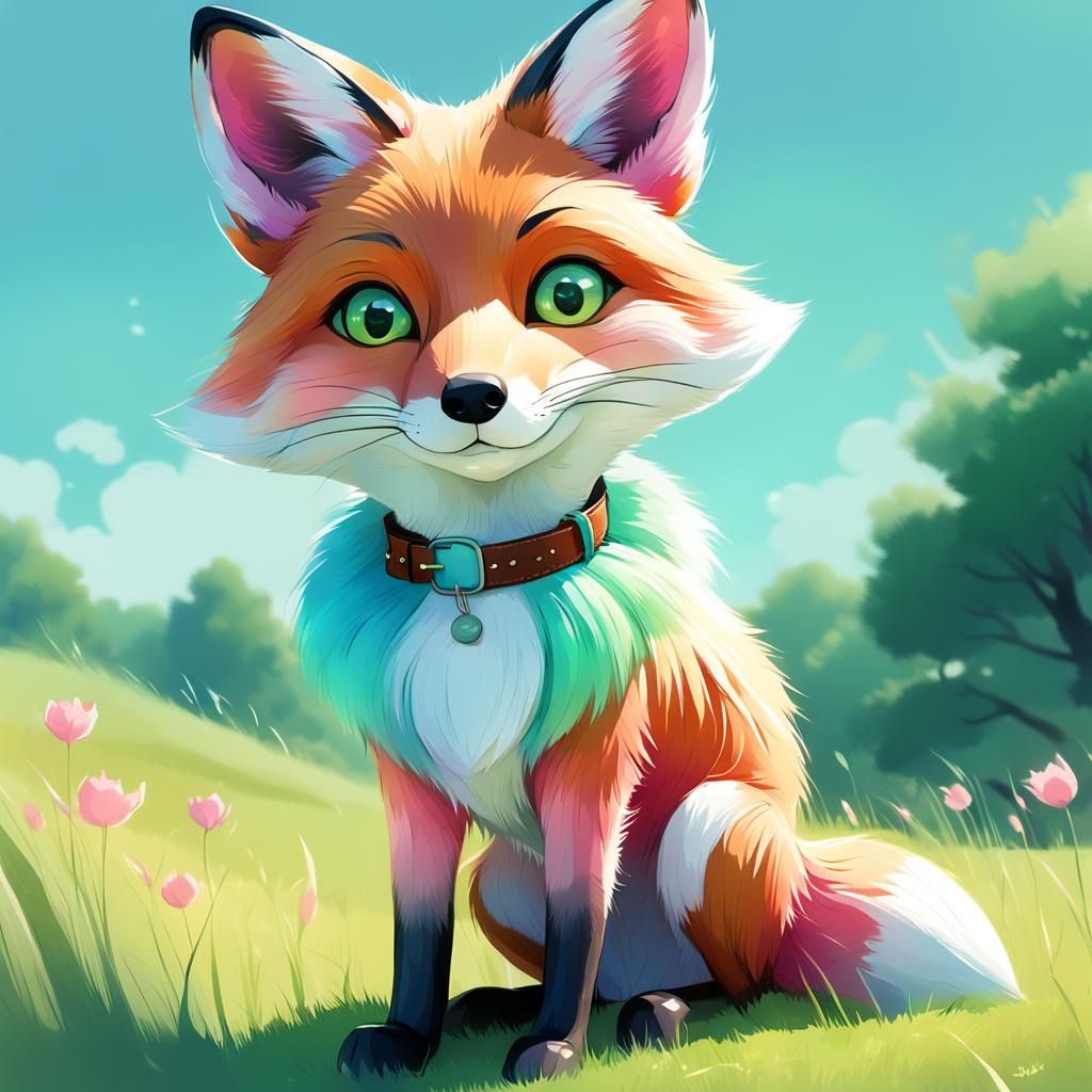 Pastel Fox Hybrid in Grassy Meadow, Digital Painting