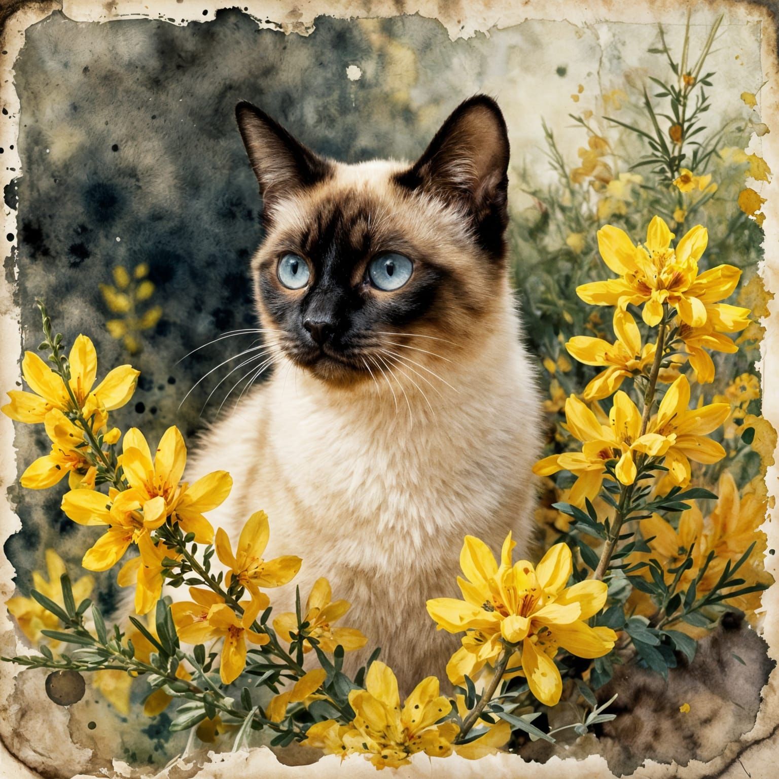 Siamese Cat in Gorse Field Watercolor Painting