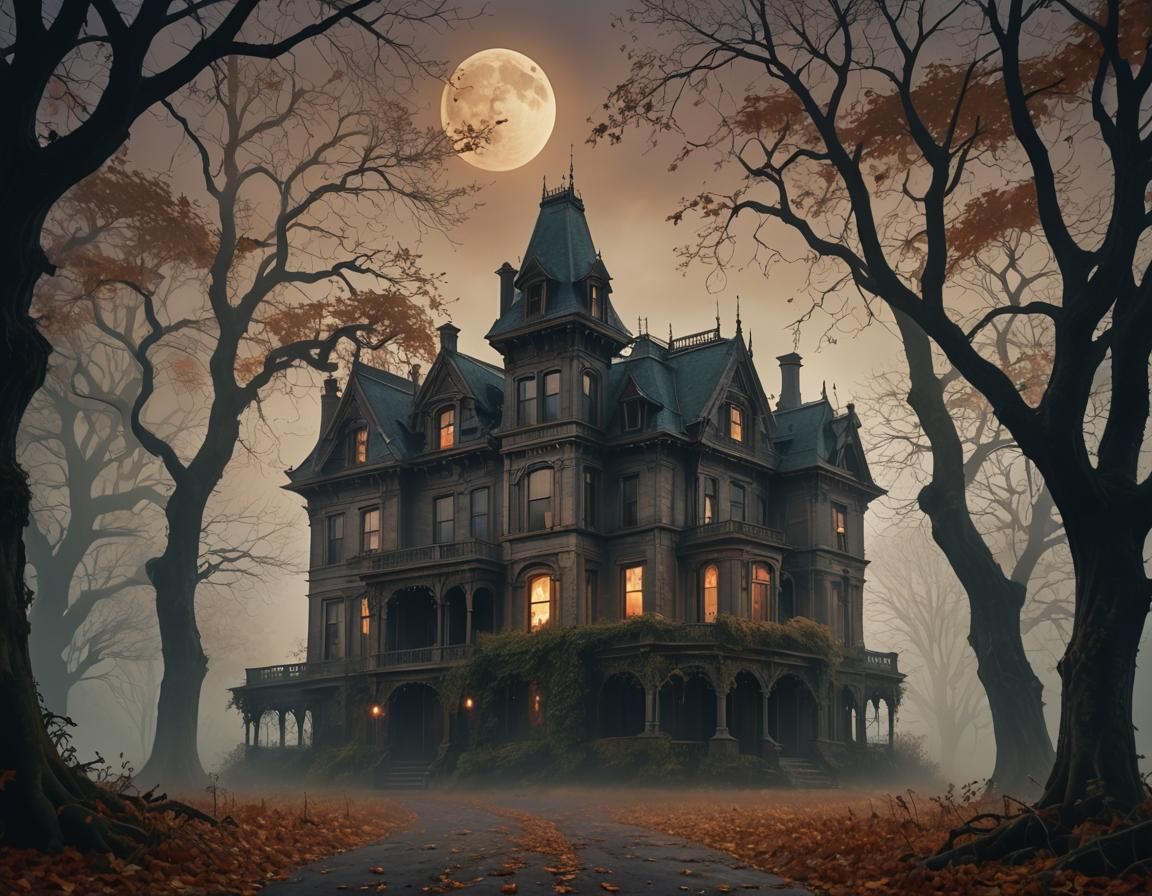 Fog-Shrouded Victorian Mansion in Autumn Light