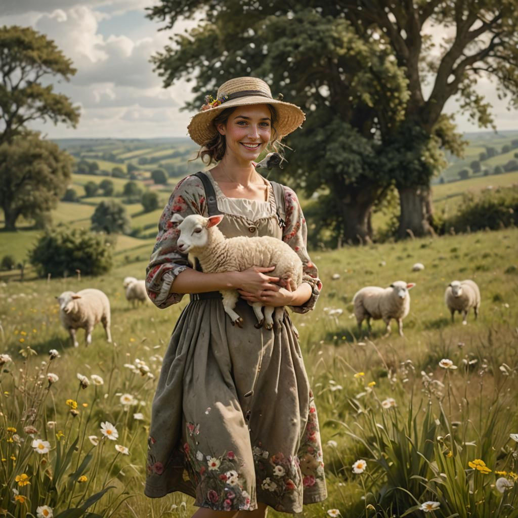 Smiling Shepherdess in a Colorful Field