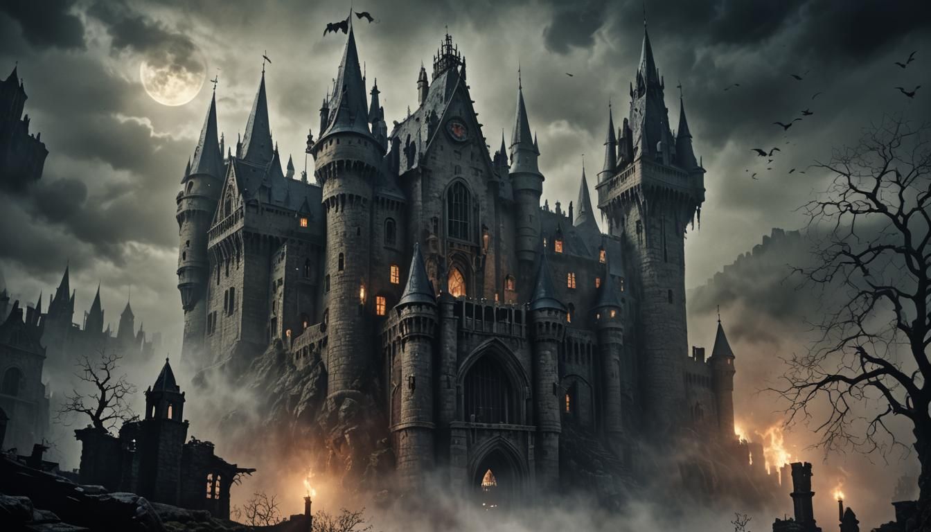 Gothic Horror Castle with Vampire in Mist