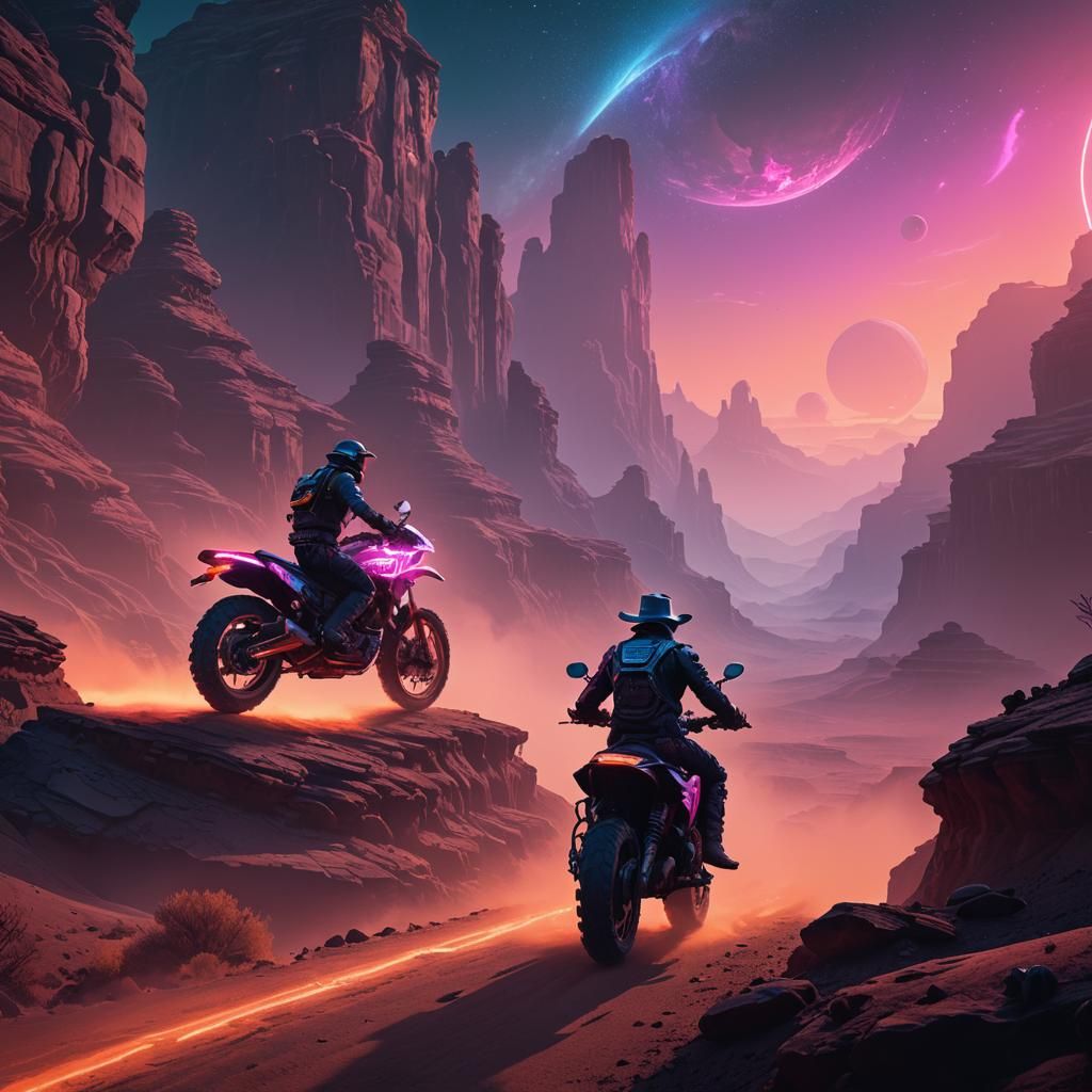 Space Cowboy Rides Through Neon Canyon