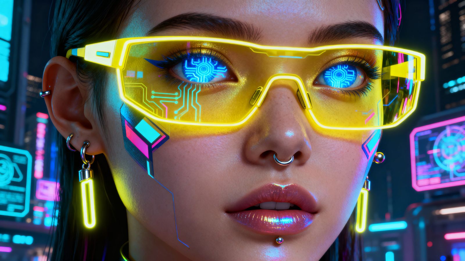 Cyberpunk Girl with Electric Blue Eyes in Neon City