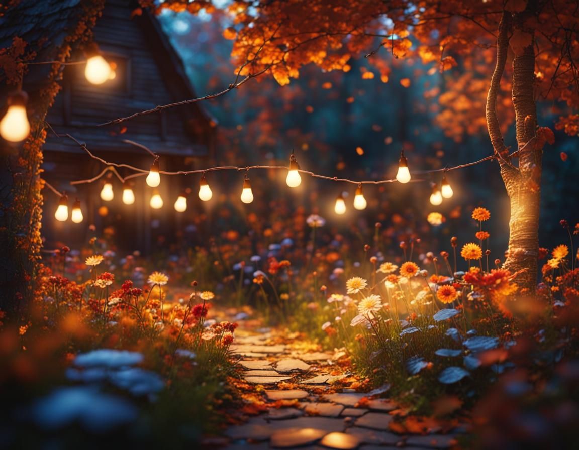 Magical Autumn Flower Garden with Cozy Lights