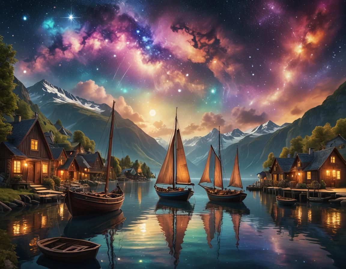 Sailboat in Fjord Village with Nebula Sky