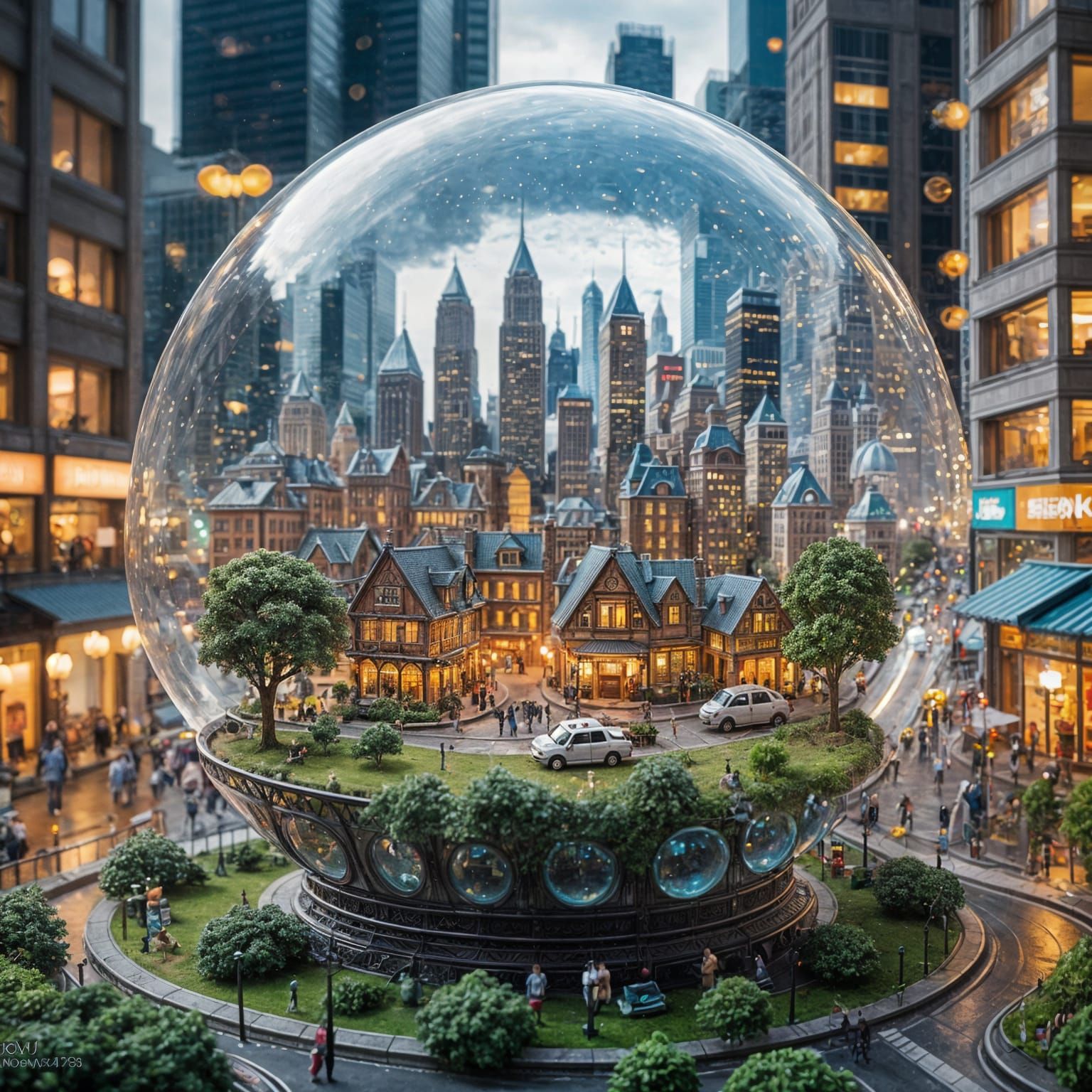 Miniature City Inside Shimmering Bubble, Hyperrealistic Macr...