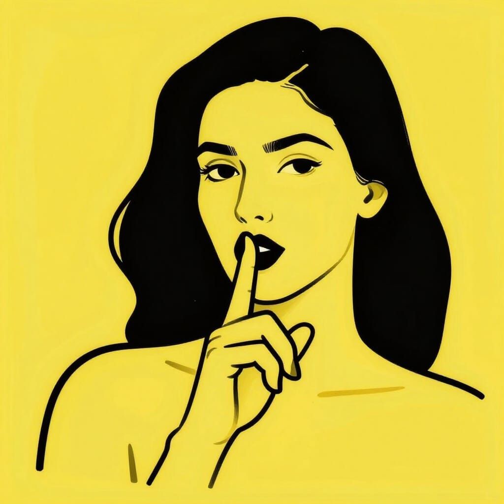 Minimalist Abstract Line Drawing Shushing Woman Yellow Backg...