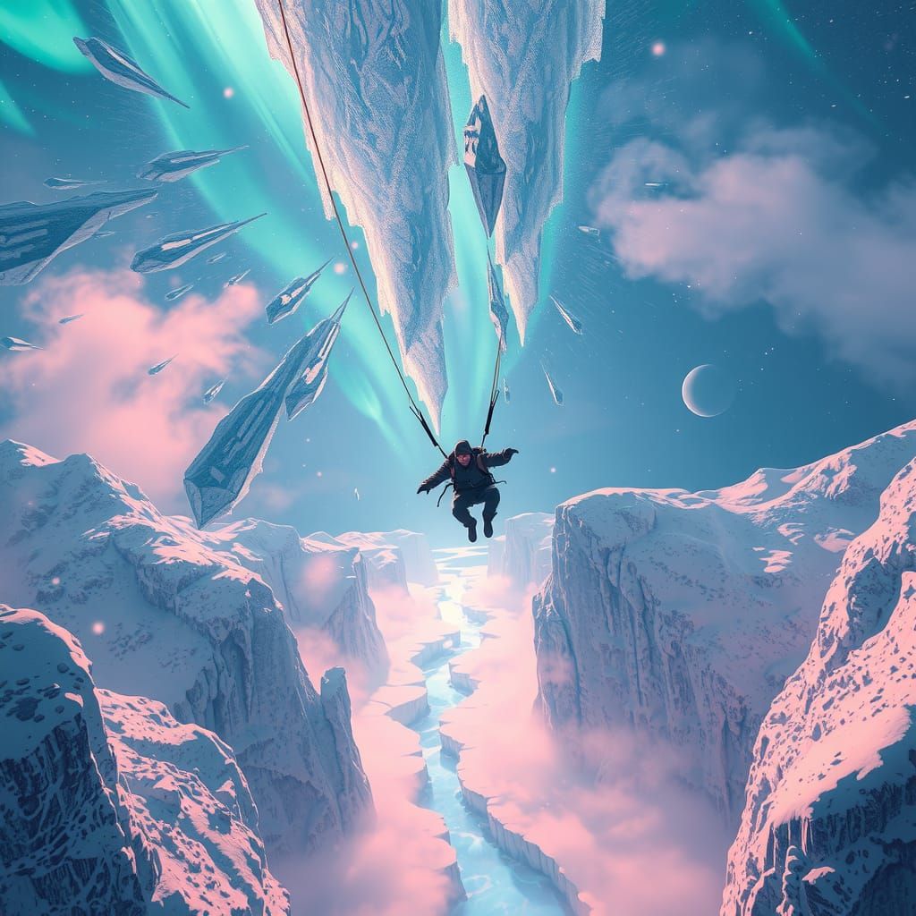 Skydiving Over Winter Island in Fantasy Matte Style