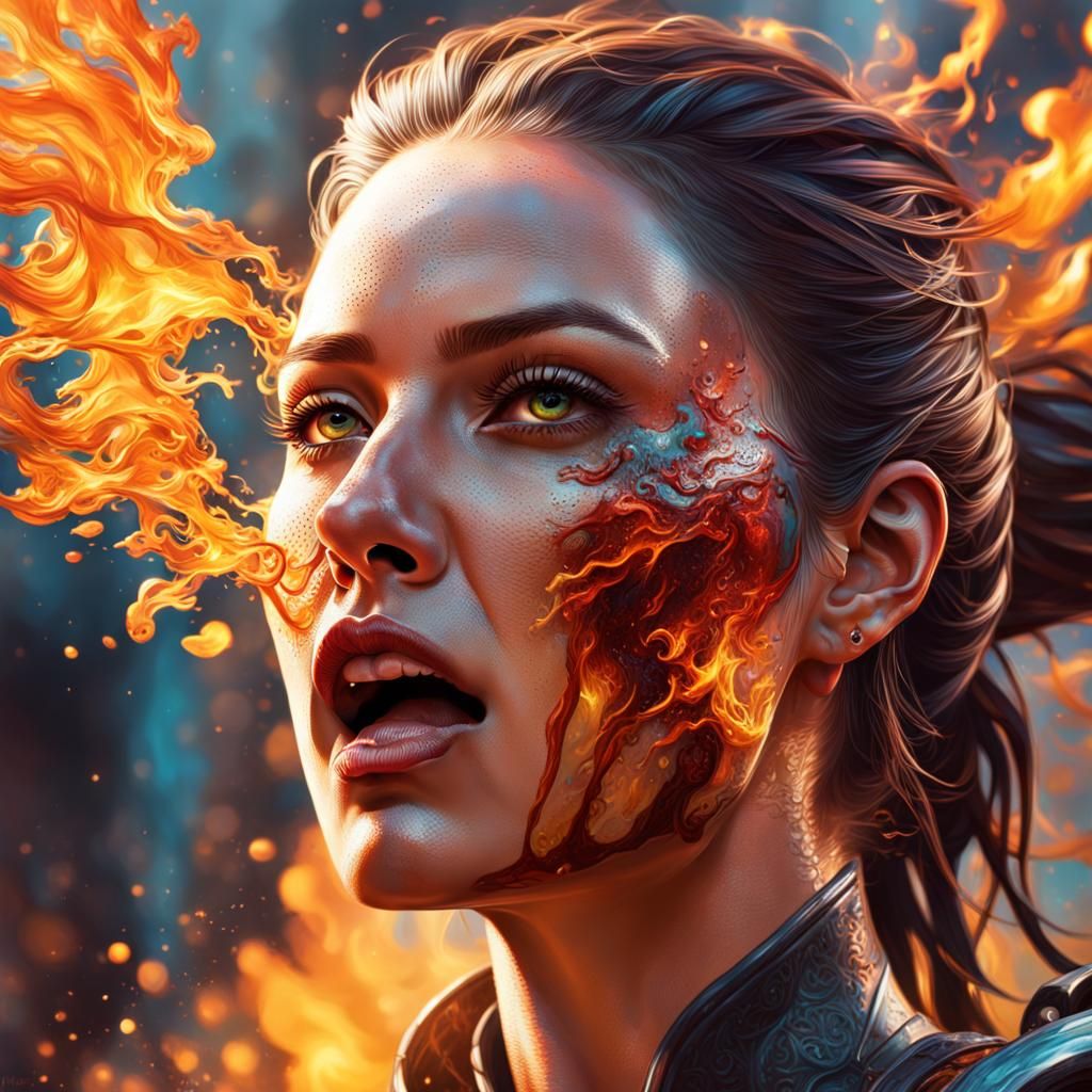 Hyperrealistic Firebreather Girl in Splash Art Style