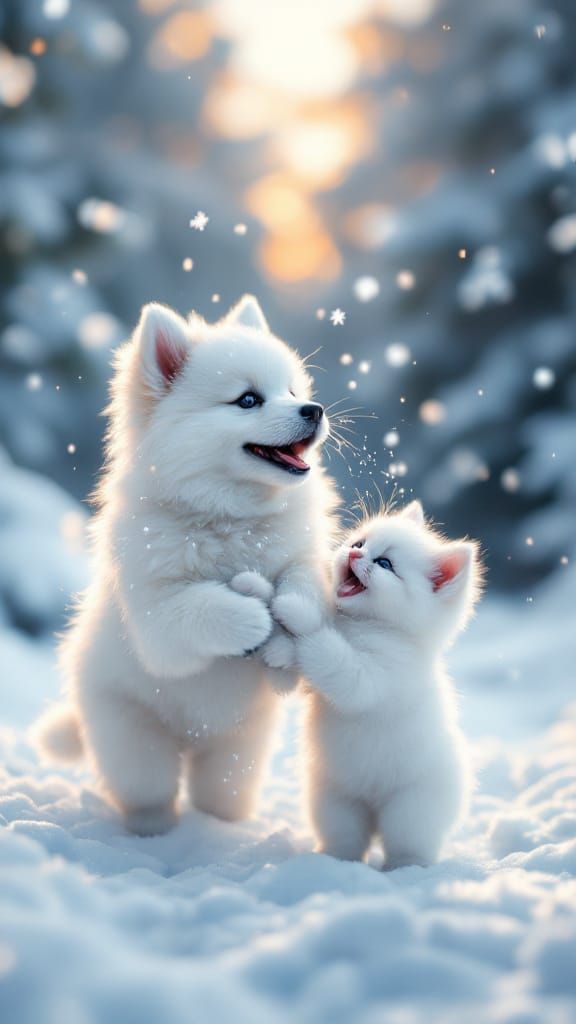 Adorable Samoyed Puppy and Kitten Play in Snowy Wonderland