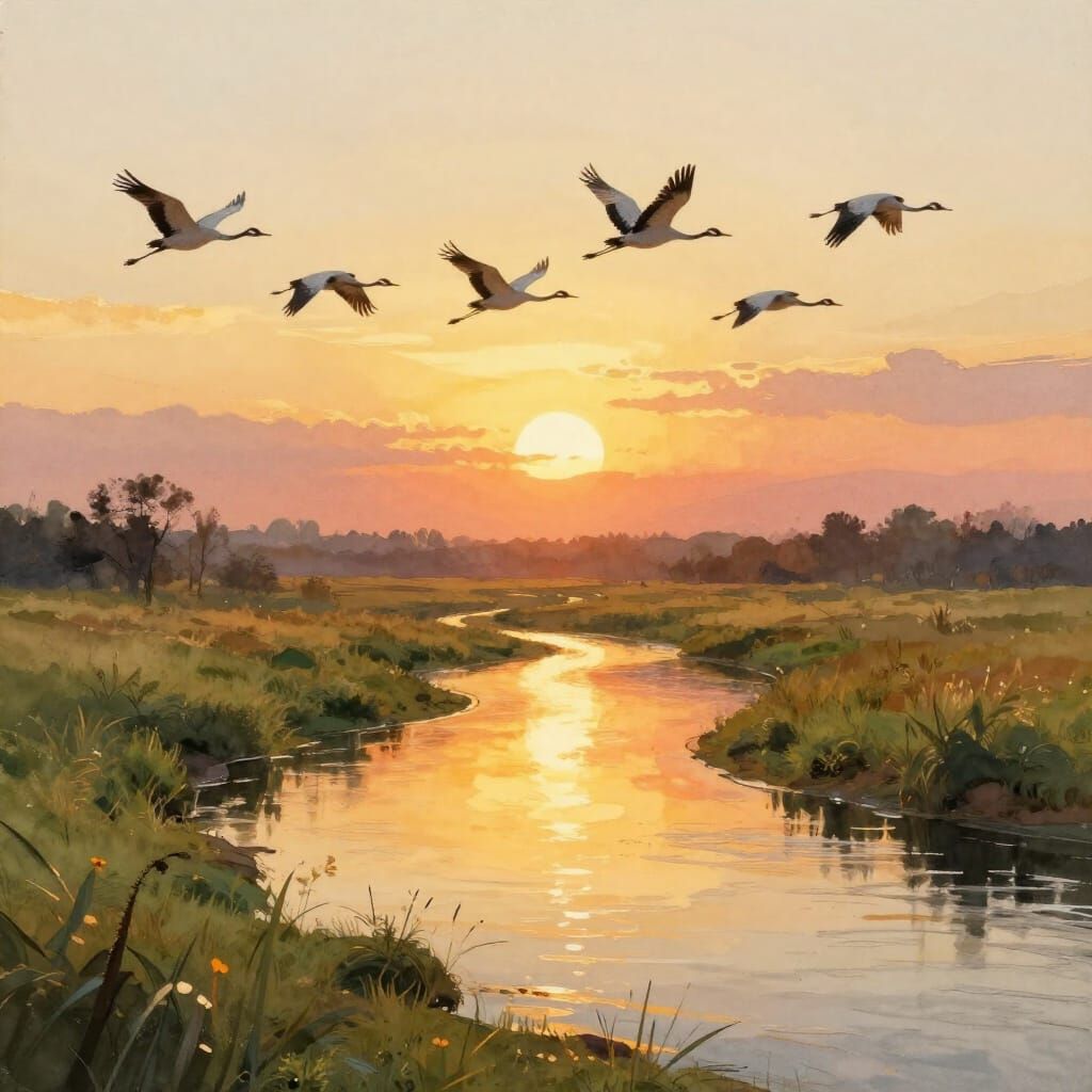 Golden Hour Cranes Over Serene River Meadow