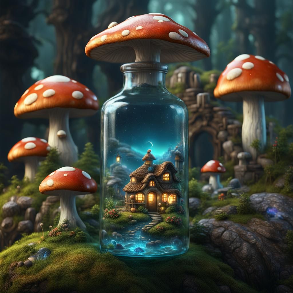 Mushroom Village Inside Glass Bottle: Fantasy Concept Art