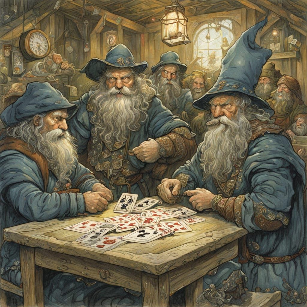 Dwarves Engage in Heated Poker Game in Whimsical Style