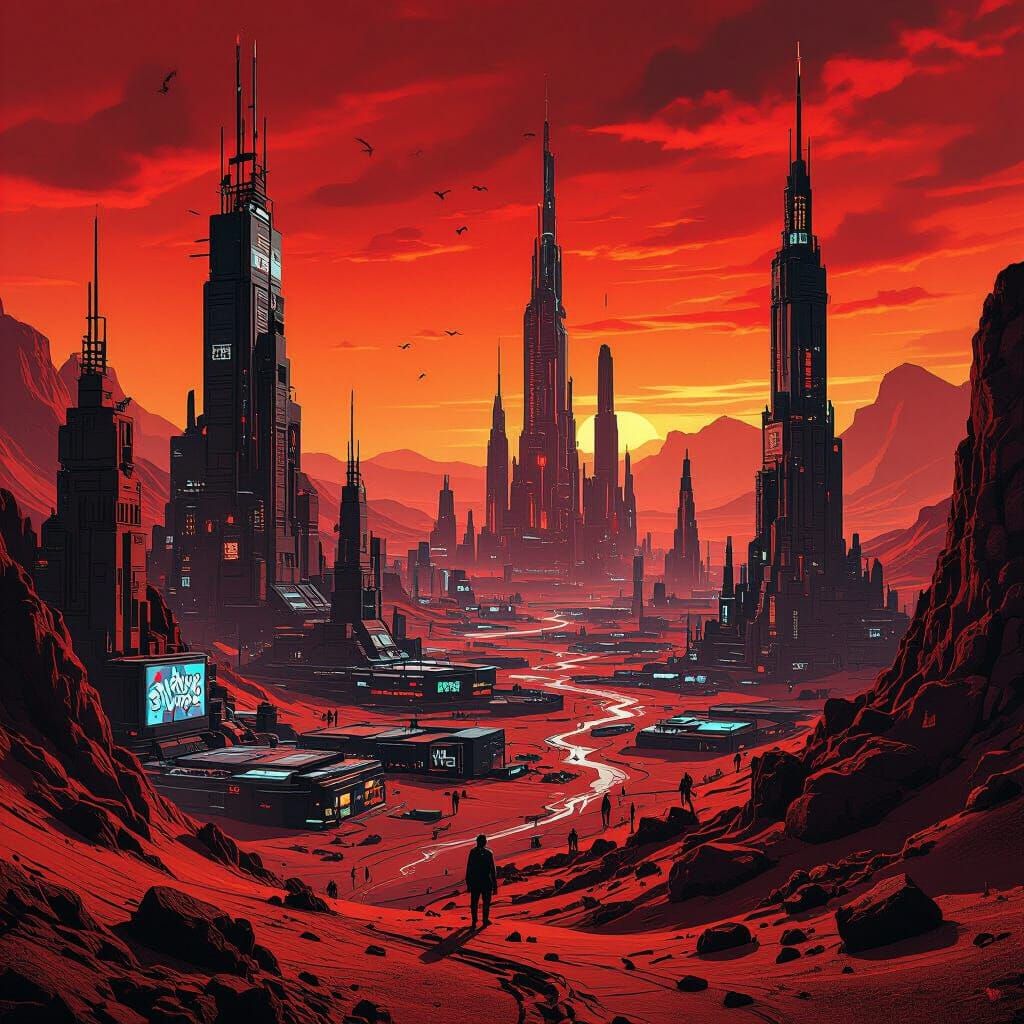 Futuristic Martian Cityscape in Blackwork Tattoo Style