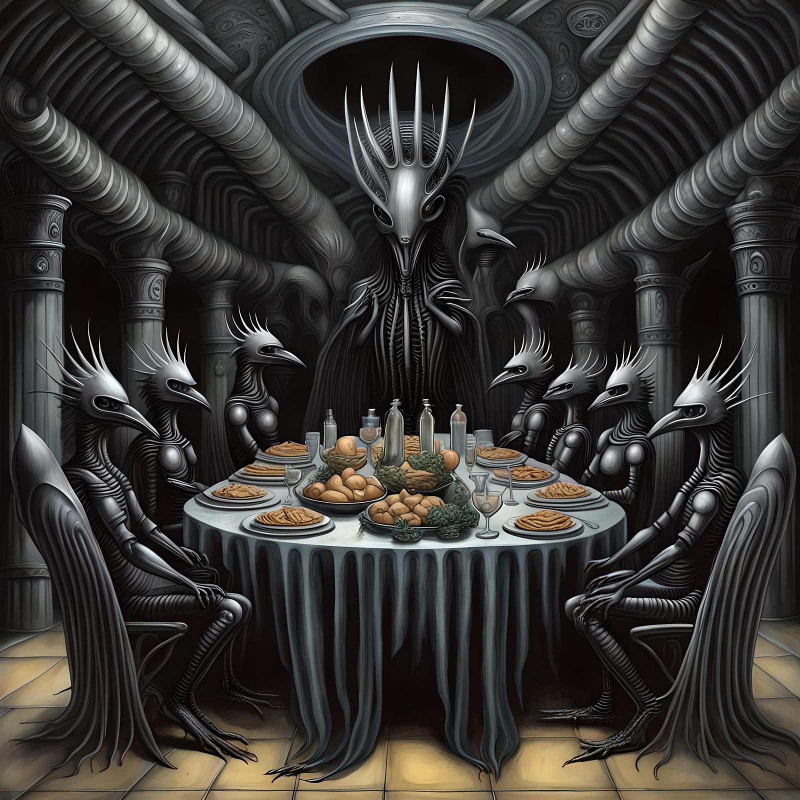 Biomechanical Crows' Banquet in Giger Style