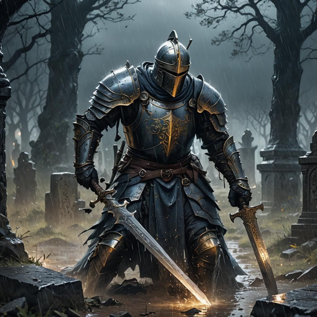 Knight Emerges from Grave in Mystical Cemetery