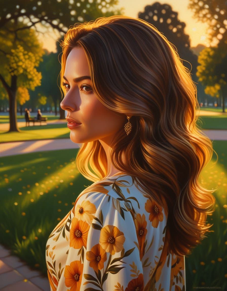 Romantic Realism Woman in Park Oil Painting