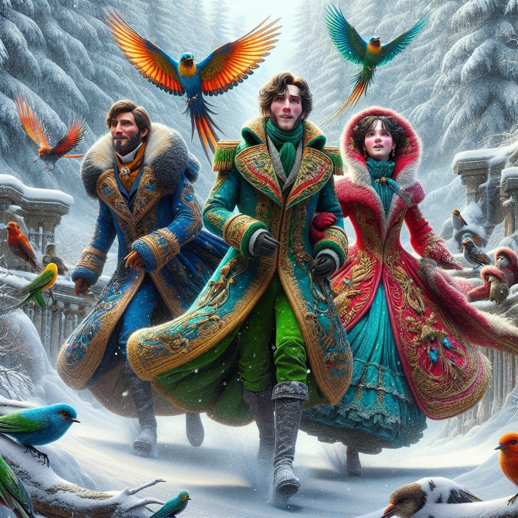 Victorian Winter Wanderers in Enchanting Snowy Woodland