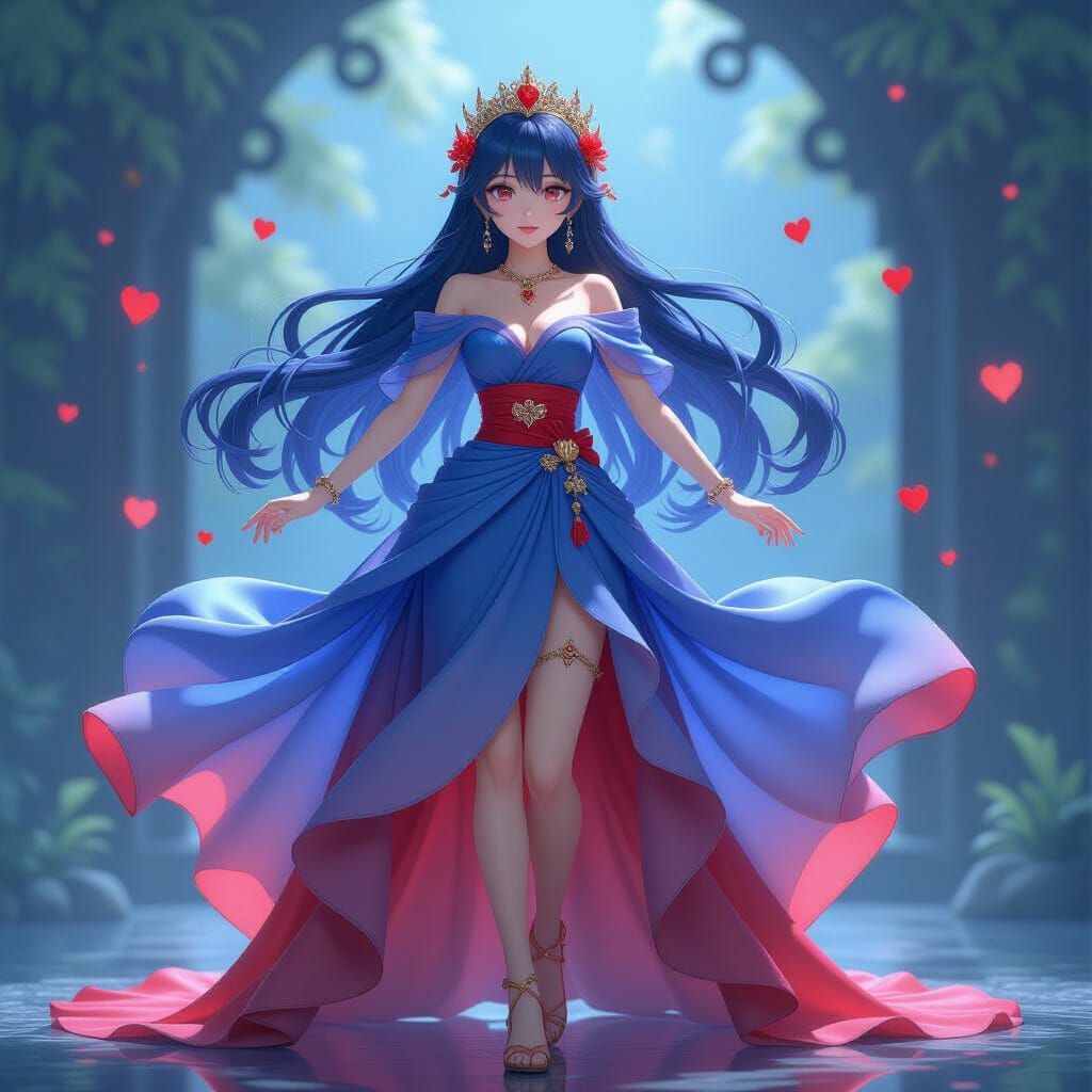 Anime Figure in Blue Red Gown With Heart Motifs