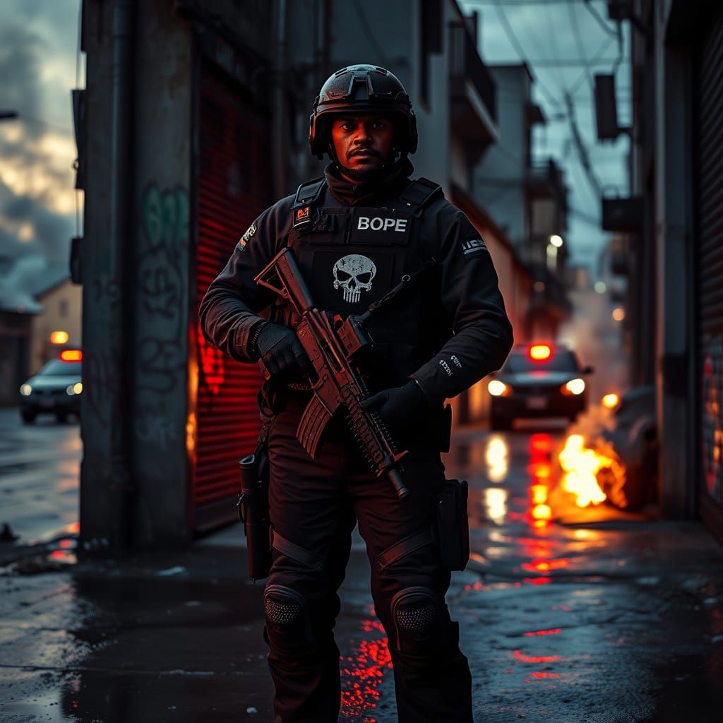 Gritty Favela Alley at Dusk, in the Style of Cinematic Photo...