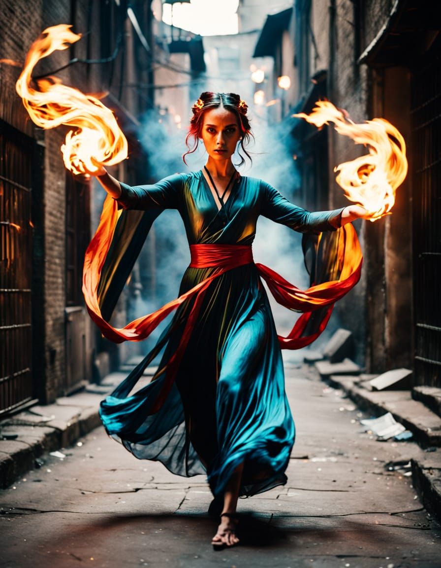 Mysterious Fire Dancer in Dark Alleyway