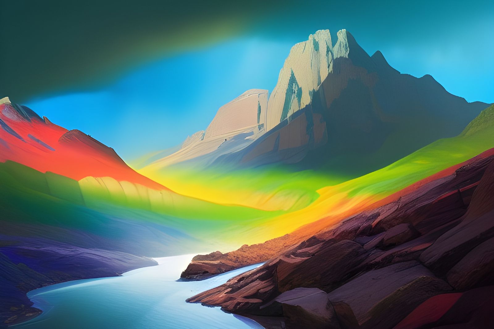 Rainbow Acrylic Pour on Rocky Mountains in Oil