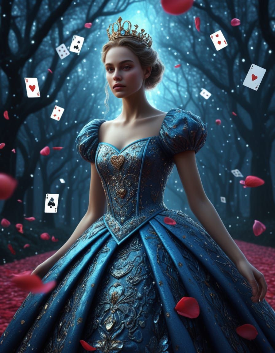 Queen of Hearts in Surreal Wonderland Landscape