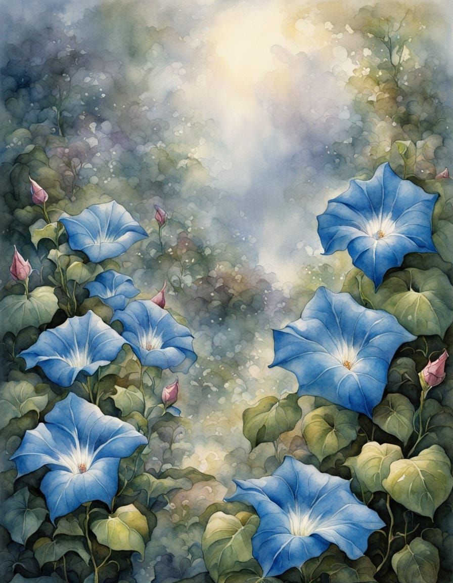 Blue Morning Glories in Watercolour and Ink