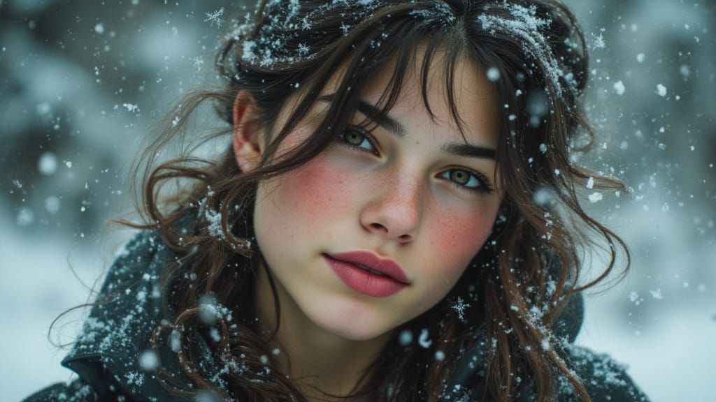 Woman Portrait with Falling Snow in Dynamic Lighting