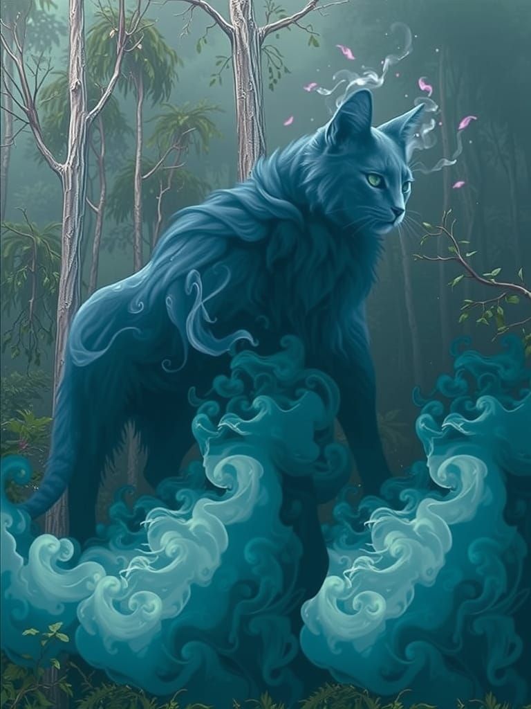 Majestic slate blue cat made out of smoke in a forest with slate blue overtones