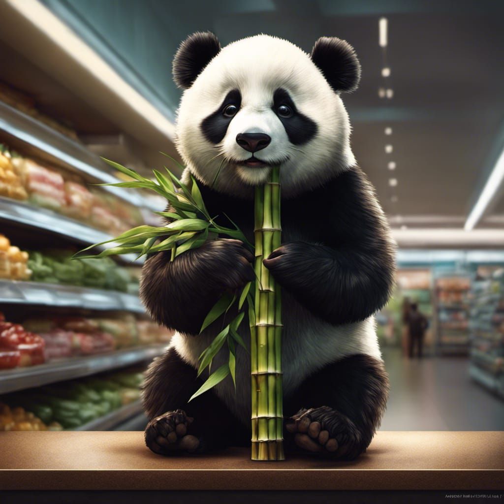 Chibi Panda in Supermarket, Detailed 3D Rendering