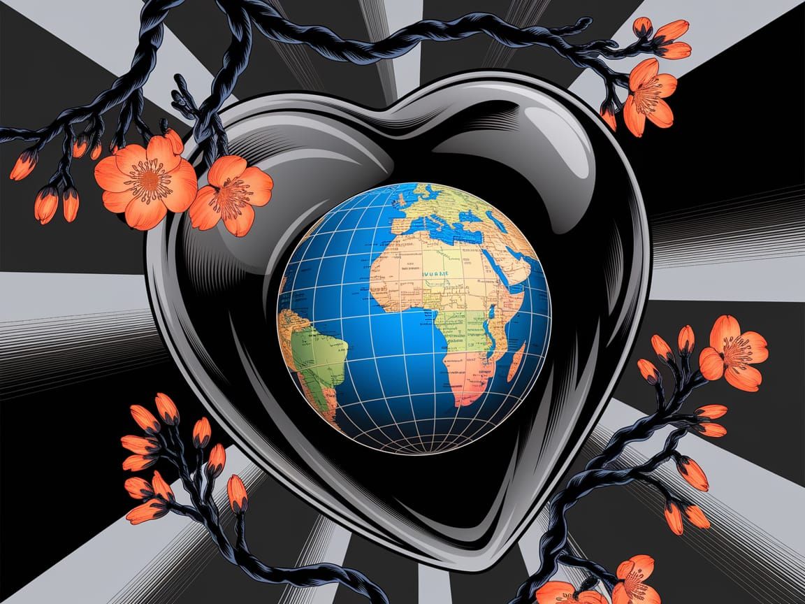 Ethereal Glass Heart Adorned with Vibrant Blossoms in Surrea...