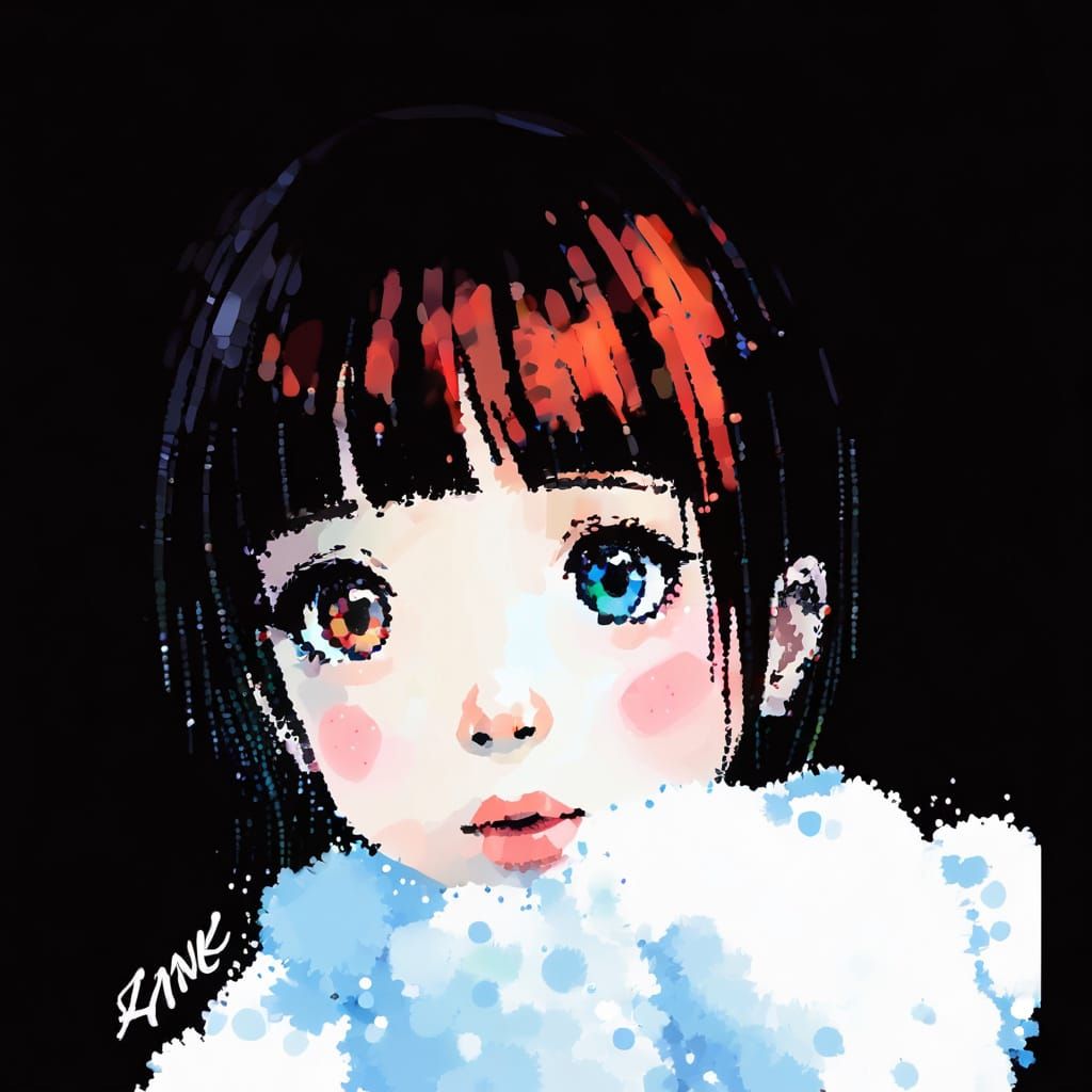 Whimsical Impressionist Portrait with Anime-Inspired Eyes