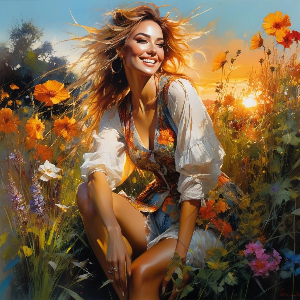 Elegant Woman in Flower Garden at Sunset