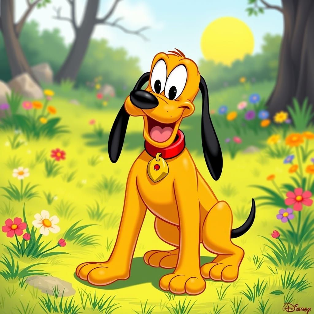 Classic Disney-Style Pluto Standing in a Vibrant Garden