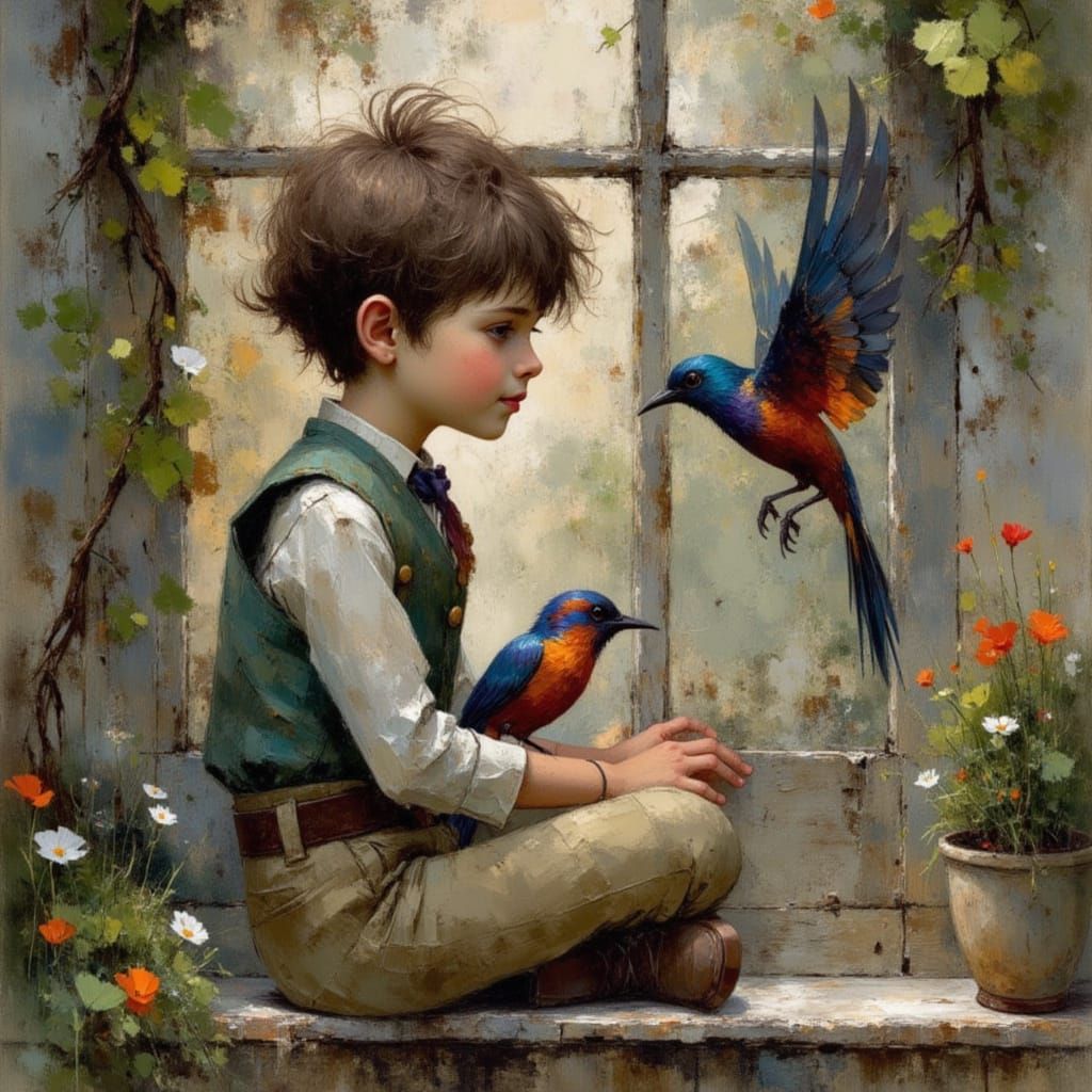 Whimsical Boy Gazes Longingly at Singing Bird on Windowsill