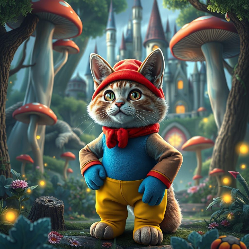 A Dressed Cat in Vibrant Smurf Attire in Whimsical Forest