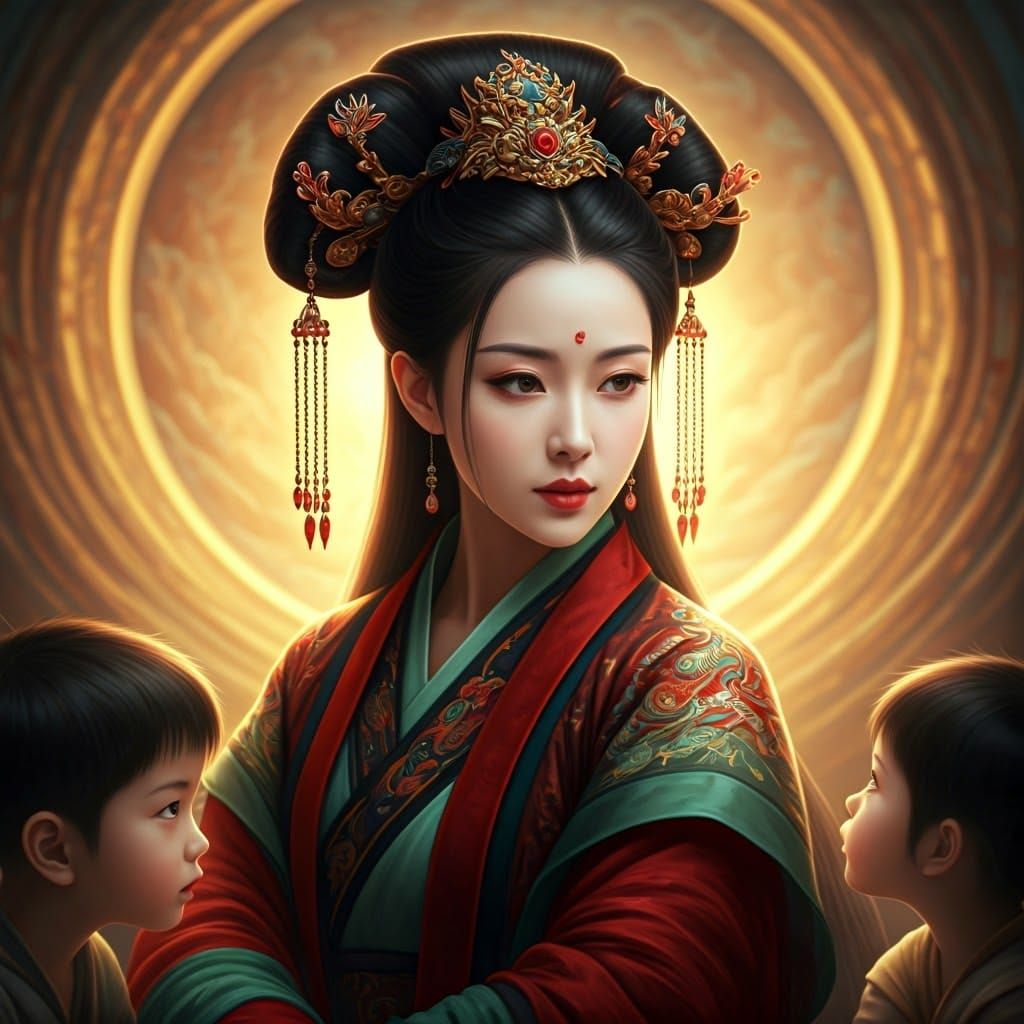 Surreal Chinese Goddess Surrounded by Whimsy in Candyland Wo...