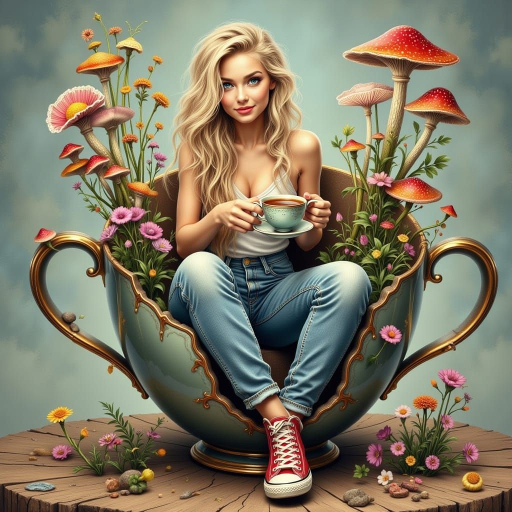 Blonde Woman in Teacup, Fantasy Digital Art